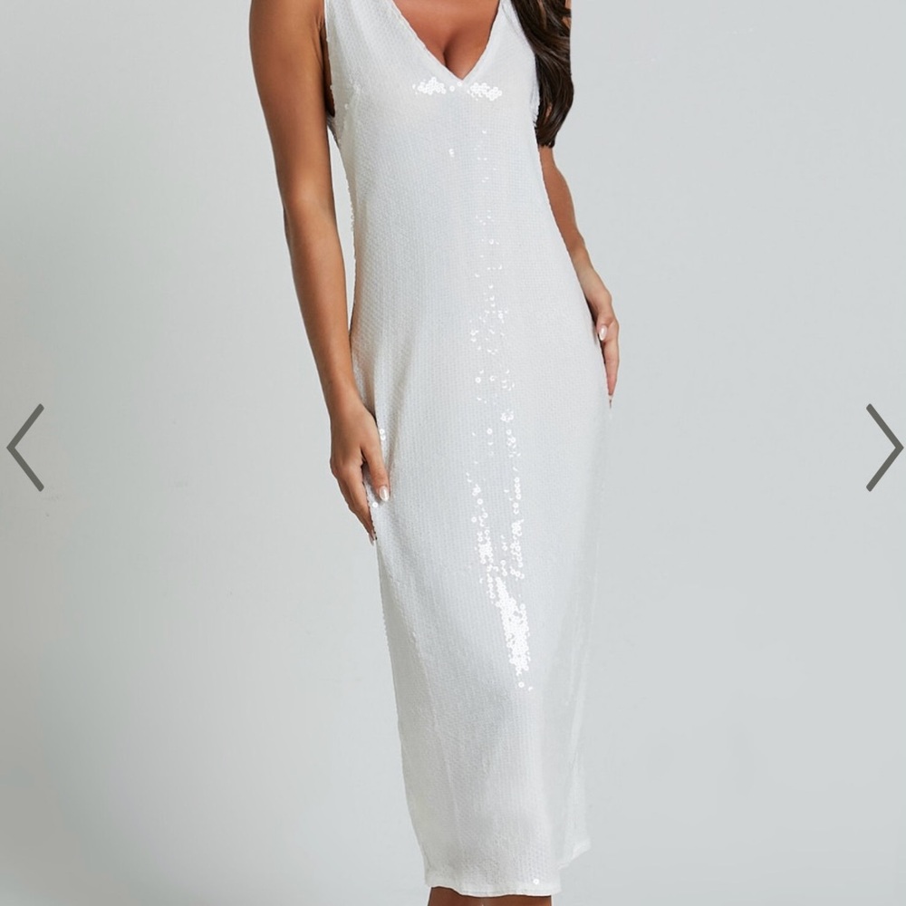 Showpo. ROSA MIDI DRESS - LOW BACK SEQUIN DRESS IN WHITE